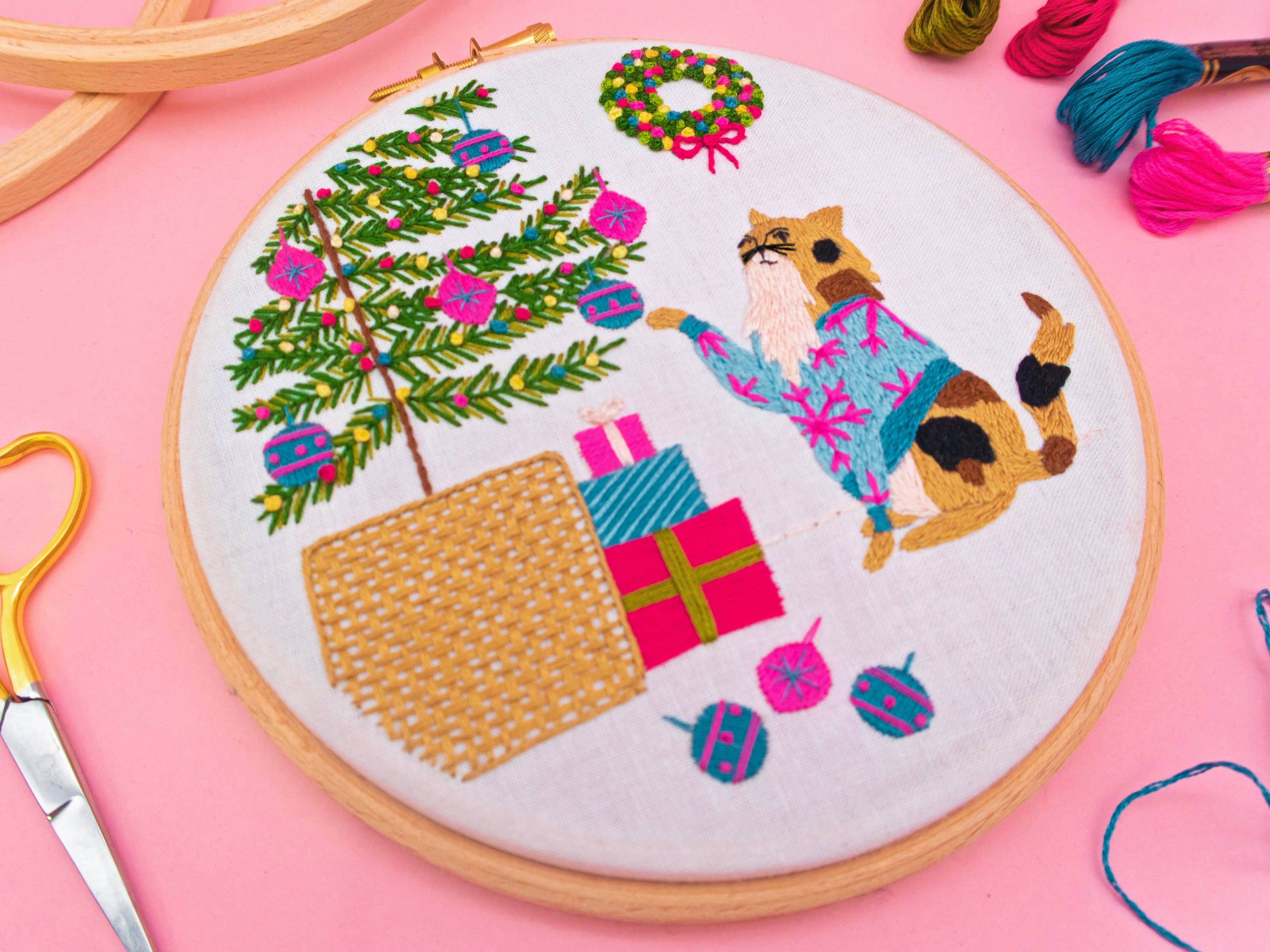 Christmas Tree Cat Embroidery Kit