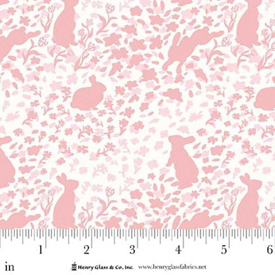 Pink bunny and floral pattern fabric on a white background.