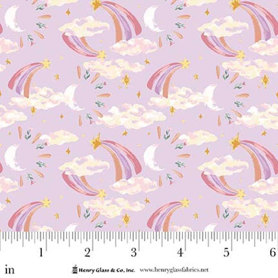 Pinky-purple / light purple rainbow shooting stars, clouds and moons fabric from Henry Glass Fabrics.