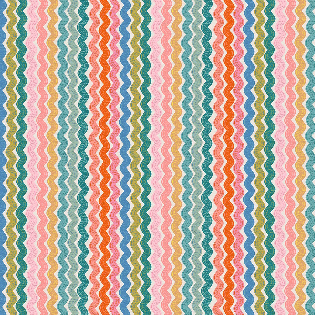 Bright fabric with a ric rac print in shades of blue, green, yellow, orange, red and pink.