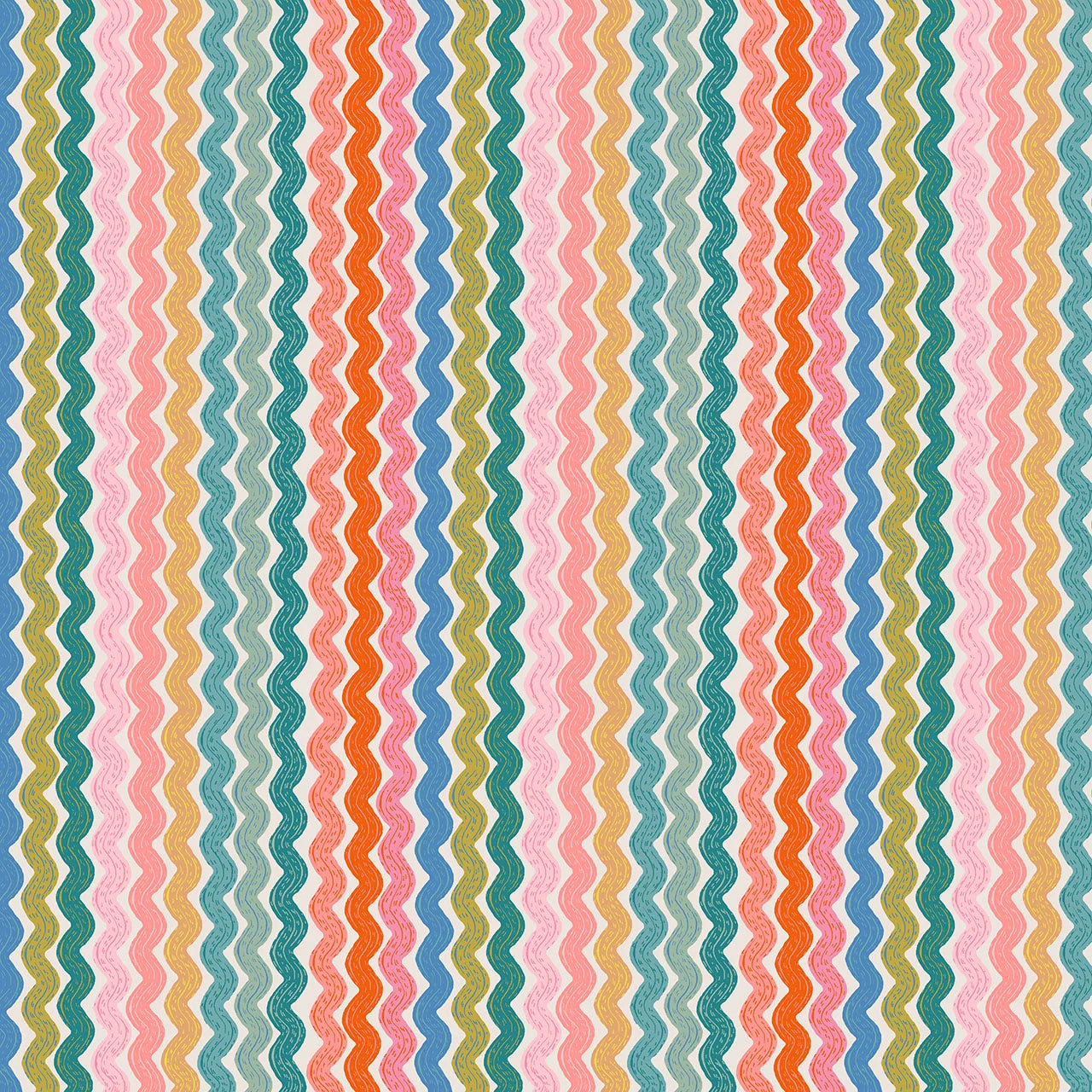 Bright fabric with a ric rac print in shades of blue, green, yellow, orange, red and pink.