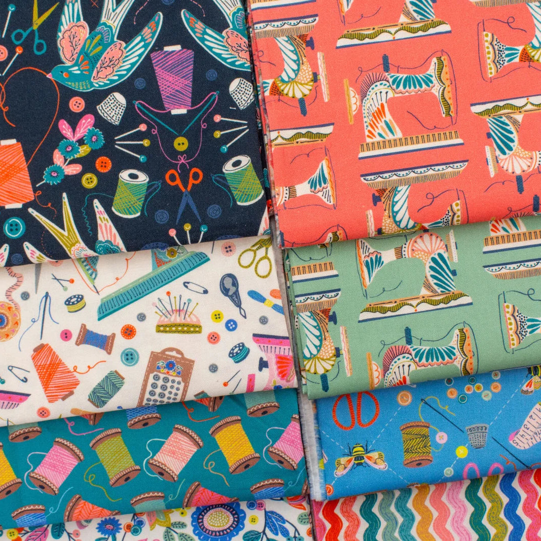 Collection of colorful fabric with sewing-themed patterns. Oeko-Tex Standard 100. 