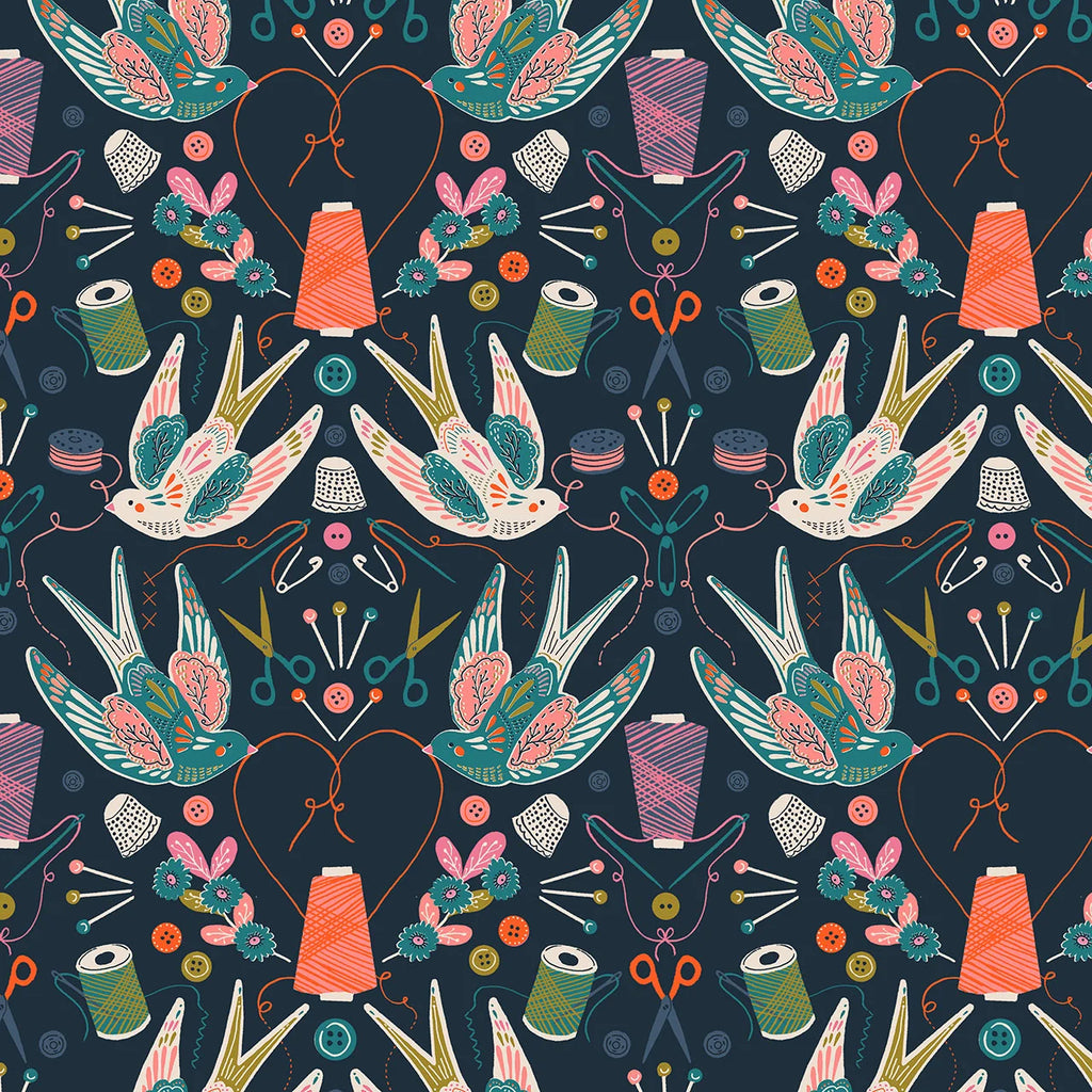 Navy blue sewing themed fabric featuring birds carrying thread, thimbles, flowers, pins, scissors, buttons and bobbins.