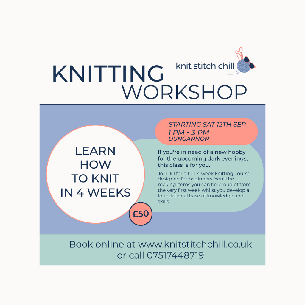 Beginner Knitting Class on Saturday Afternoons: 12th Sep to 3rd Oct 2026 1pm-3pm