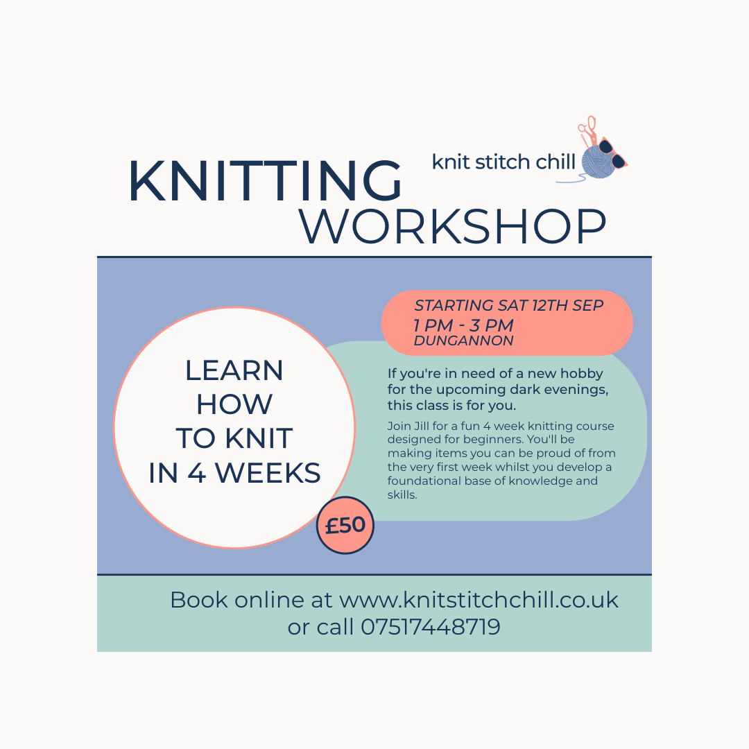 Beginner Knitting Class on Saturday Afternoons: 12th Sep to 3rd Oct 2026 1pm-3pm