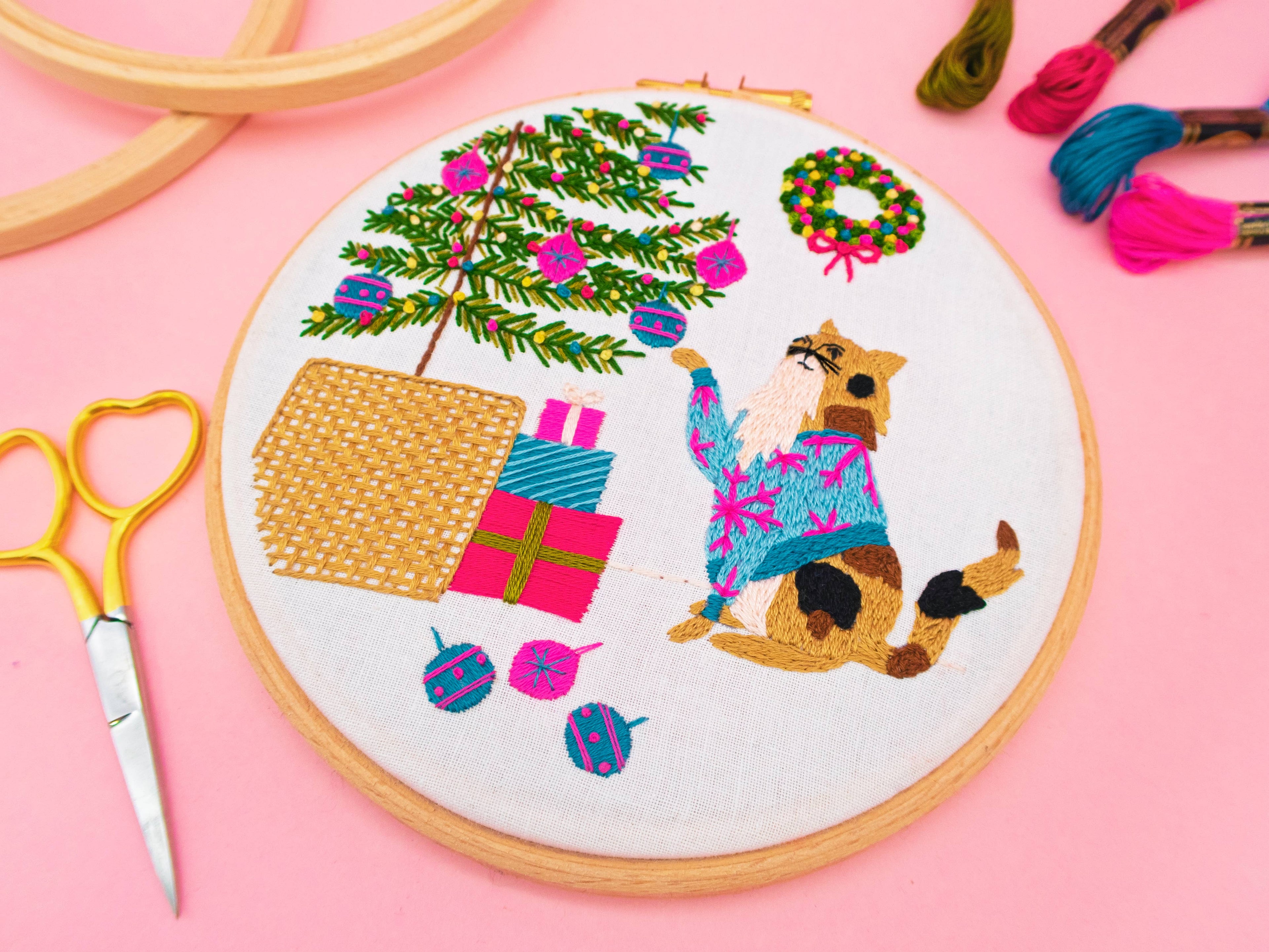 Christmas Tree Cat Embroidery Kit