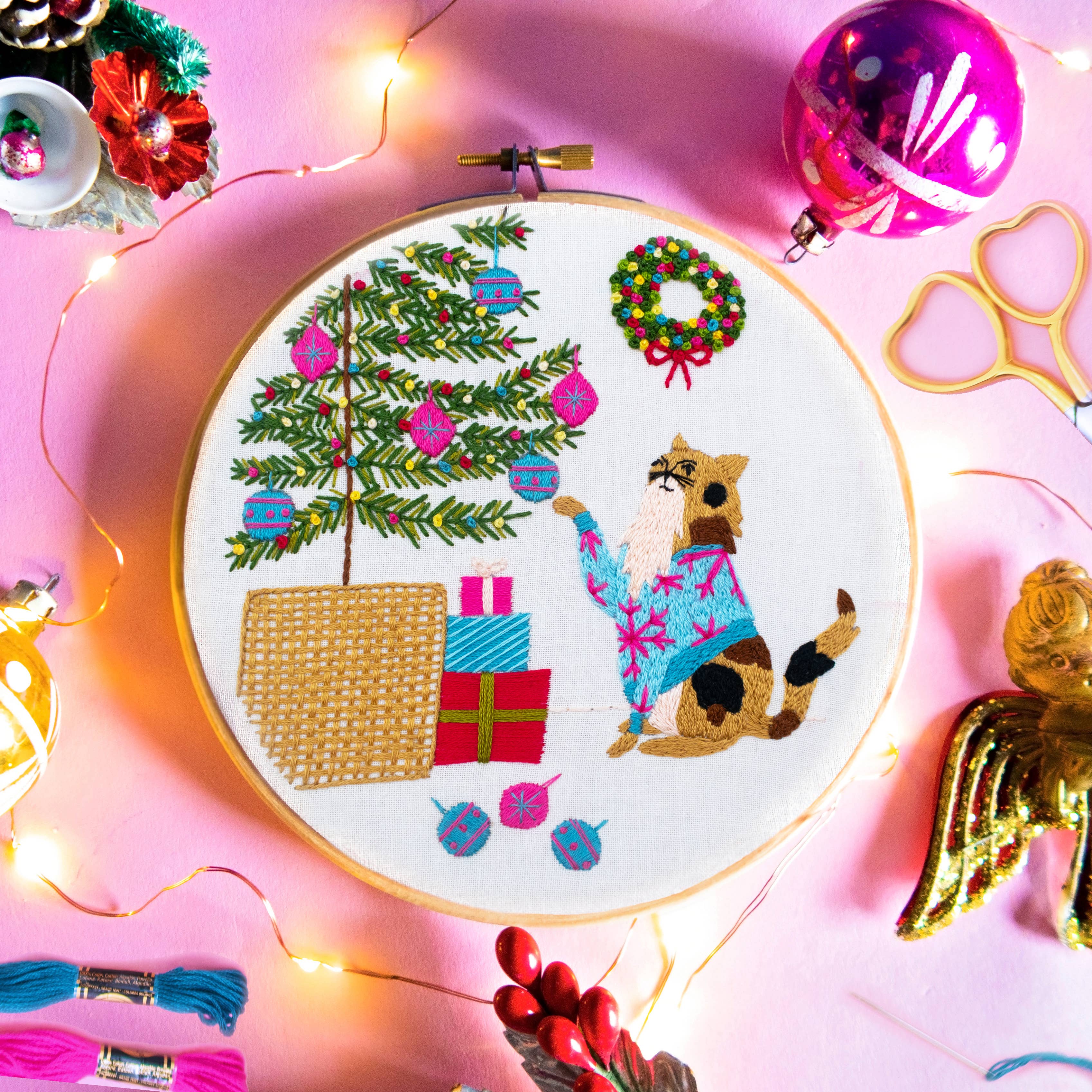 Christmas Tree Cat Embroidery Kit