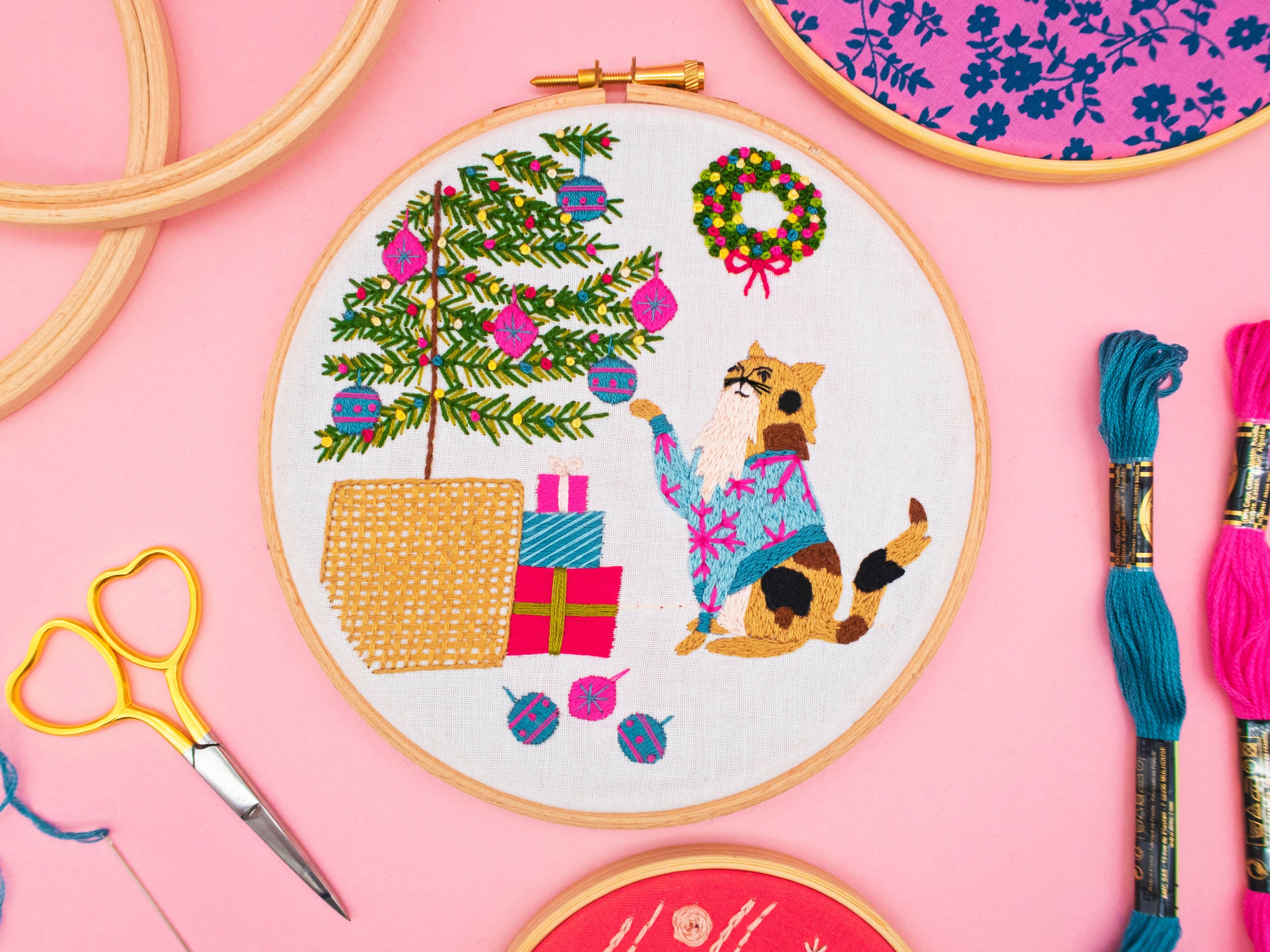 Christmas Tree Cat Embroidery Kit