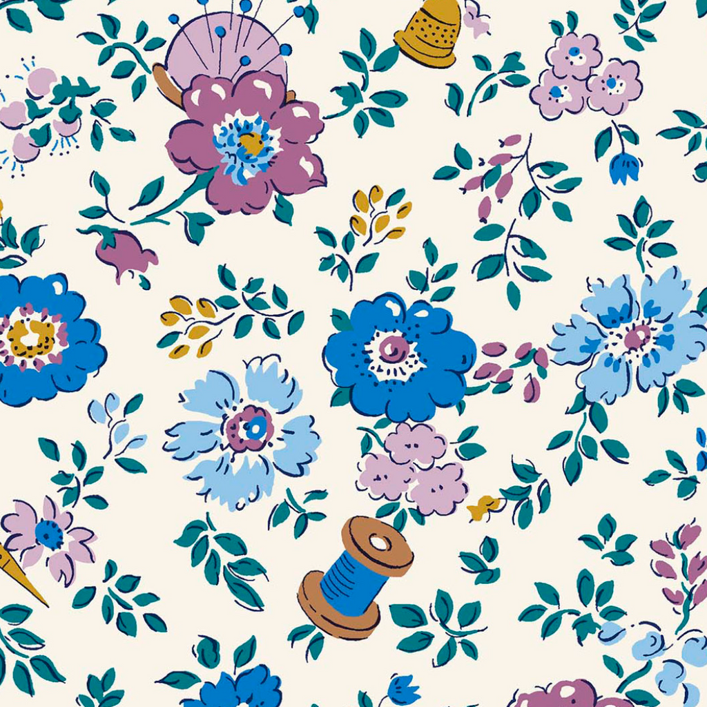 Liberty Lasenby Tudor Celebration - Haberdashery Floral Blue and Purple (Quilting Cotton)