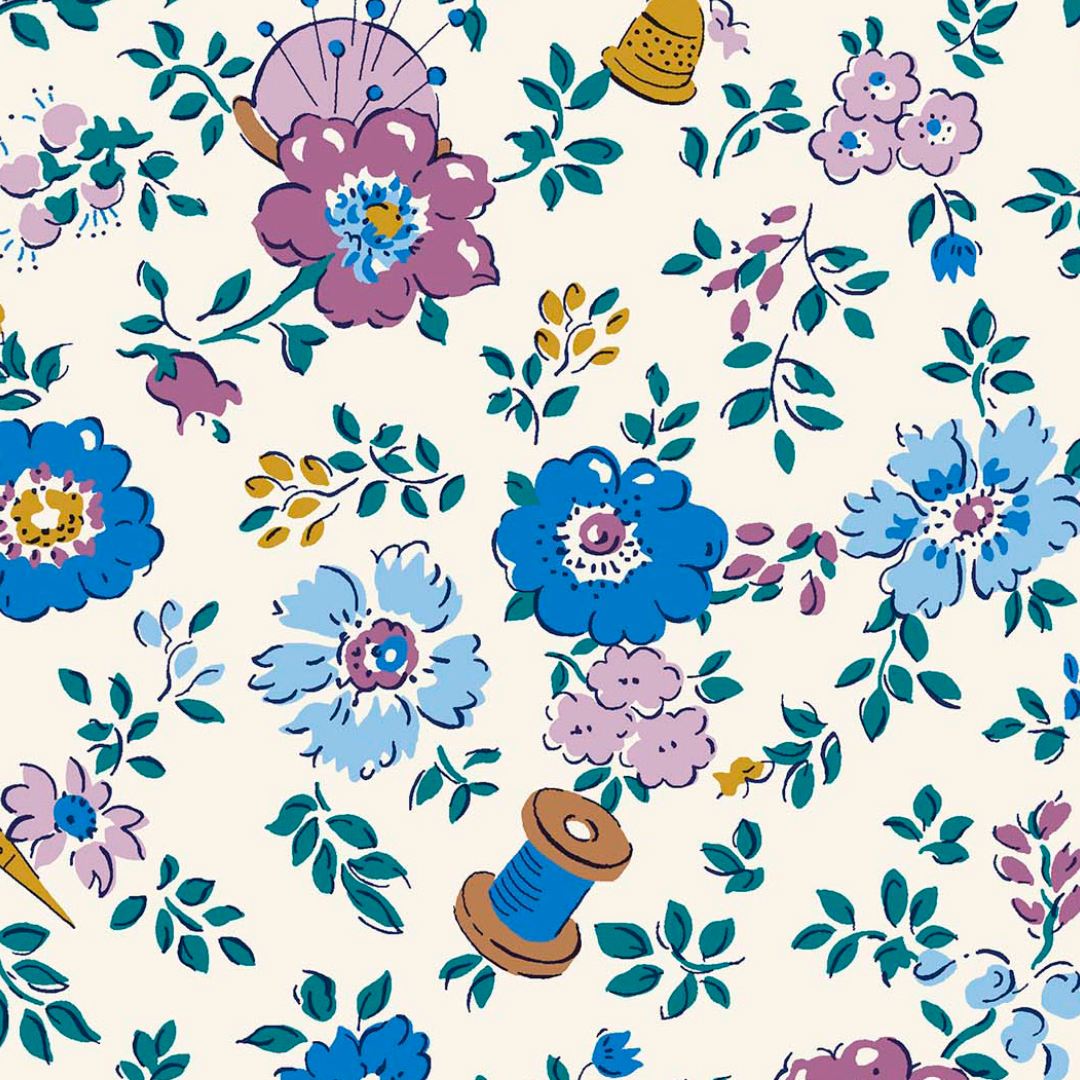 Liberty Lasenby Tudor Celebration - Haberdashery Floral Blue and Purple (Quilting Cotton)
