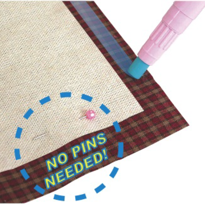 Sewline glue pen on fabric featuring text 'No Pins Needed!' on a white background.